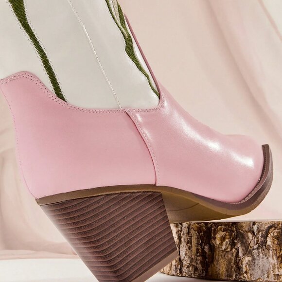 Pink Casual Women's Chunky Heel Tulip Embroidery Mid-Calf Western Boots - Picture 6 of 7